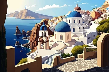 Fototapeten cartoon illustration, santorini greece, aegean sea, ai generative © Jorge Ferreiro