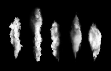 Smoke pillars. White geysers, vapour columns, isolated realistic steam splashes