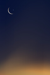 Islamic card with Crescent moon on Blue,Orange sky background,Vertical banner Ramadan Night with Dramtic Suset,twilight dusk sky for Islamic religion,Eid al Adha,Eid Mubarak,Eid al fitr,Ramadan Kareem