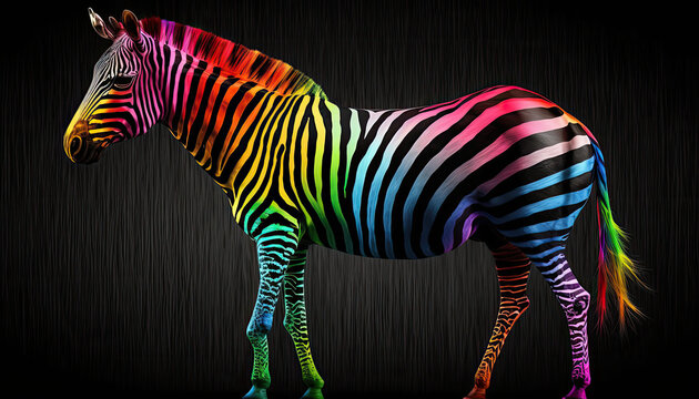 Zebra im Farbmix der Regenbogenflagge der LGBT-Bewegung (Lesbian, Gay, Bisexual and Transgender). (Generative AI)