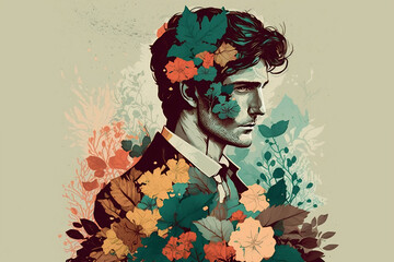 Vintage-Style Portrait Of A Man Holding A Bouquet Of Flowers Where His Face Should Be, Generative Ai