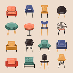 Chairs. Sitting furniture collection in different style recent vector illustration set isolated