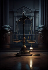 Scales of justice in a large dark courtroom.