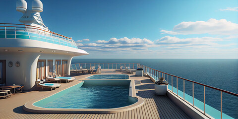 Fitness area with swimming pool on a cruise ship. Sports deck.