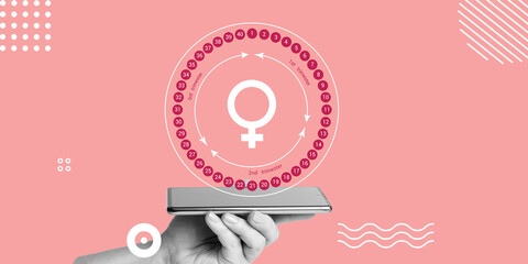 Graphic representation of pregnancy calendar above smartphone screen in hand of woman. Modern...