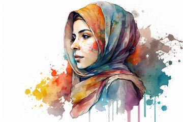 illustration of portrait woman wear colorful hijab, ai generated, Generative AI