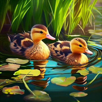Two beautiful ducks swimming in a pond.
