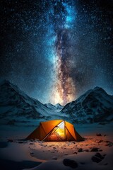 cartoon illustration, tent shining under the milky way at night in the camp, ai generative