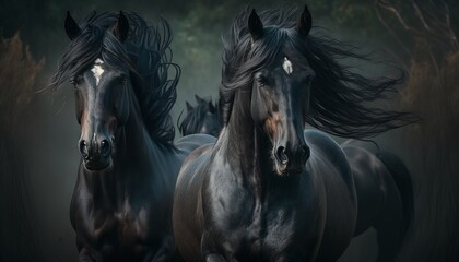 2 majestic dark horses running, clean sharp focus, national geographic, higly detailed fur, soft shadows, shutter speed 1-60, f-stop 1.8, blurry green background, professional color grading.