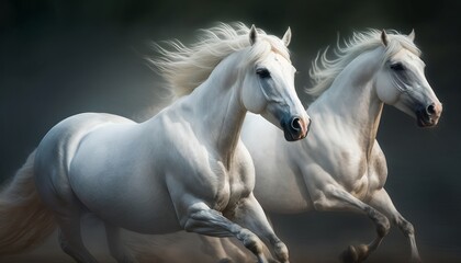 Obraz na płótnie Canvas 2 majestic white horses running, clean sharp focus, national geographic, higly detailed fur, soft shadows, no contrast, shutter speed 1-60, f-stop 1.8, blurry green background, professional color grad