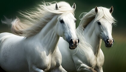 Obraz na płótnie Canvas 2 majestic white horses running, clean sharp focus, national geographic, higly detailed fur, soft shadows, no contrast, shutter speed 1-60, f-stop 1.8, blurry green background, professional color grad