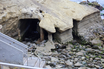 Fototapeta na wymiar View of the caves with stair access in La Jolla Cove where sea lions hang out on the rocks. La Jolla, California USA.