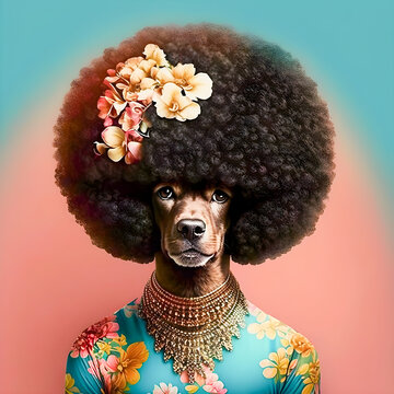 70s style dog portrait with huge afro, Generative AI