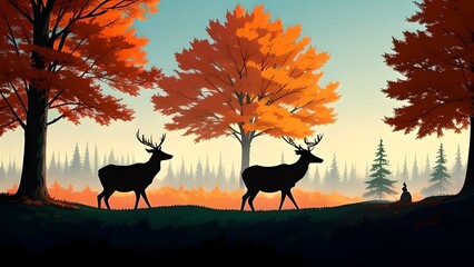 Silhouette of a deer in an autumn forest, generative AI
