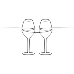 Vector wine glasses one line continuous drawing. Glassware silhouette icon. Hand drawn linear illustration. Minimal design element for print, banner, card, wall art poster, brochure, winery logo.