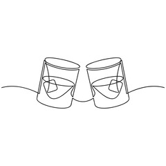 Two whiskey glasses on the rocks one line continuous drawing. Bourbon, scotch, brandy hard drink icon. Hand drawn linear vector illustration. Print, banner, card, poster, sign. Bar, pub, shop logo.