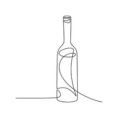 Abstract wine bottle vector one line continuous drawing illustration. Hand drawn linear silhouette icon. Minimal design element for print, banner, card, wall art poster, brochure, product logo.