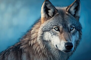 Obraz premium Face of a wolf. Grey head is scary. Realistic picture of a gray wolf in the wild with fur on a blue background. Generative AI