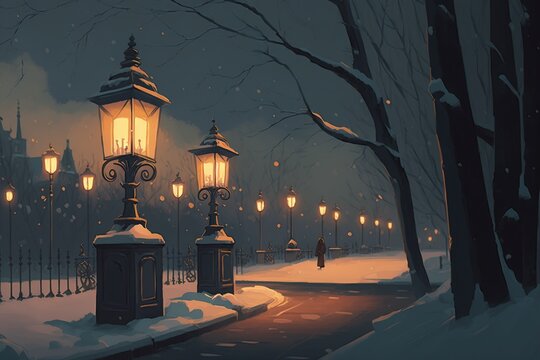 cartoon illustration, the street lamp in the city lights up the snow, ai generative