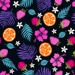 Seamless simple orange, berries and simple flowers and leaves. Bright summer illustration isolated on white background