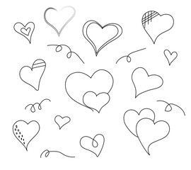 Set of cute hand drawn doodle hearts. Line art. Great for Valentine's Day, Weddings, Mother's Day.