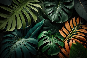Green and orange tropical monstera and palm leaves background. Ai generative