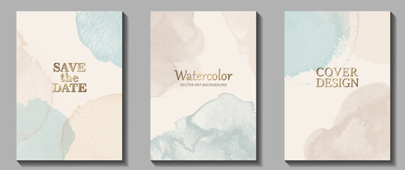 Pastel color watercolor vector art background. Hand drawn set Illustration for cards, flyer, poster, banner, cover design and flyers. Blue grey, beige. Vintage wallpaper design. Isolated template.