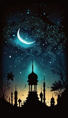 Ramadan Kareem Background with Mosque and Crescent Moon 3d Rendering. Generative Ai