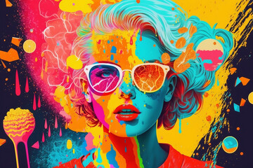 Pop Art Collage With Bright Neon Colors, Featuring Girl Portrait And Various Elements And Symbols, A Fusion Of Contemporary Art And Old - Fashioned Style, Pop Art Background, Generative Ai