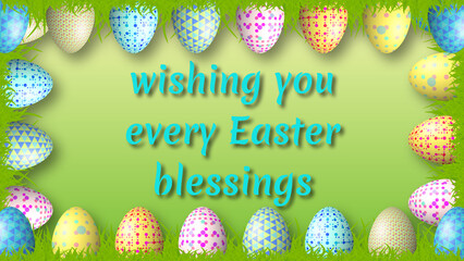 decorative Easter eggs making beautiful frame with green grass illustration on blur background
