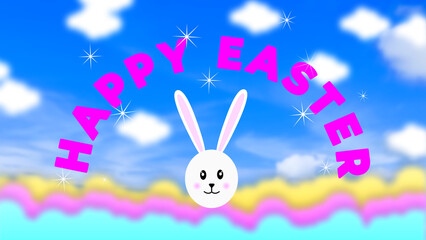 happy Easter greeting on blue sky background and little bunny face Cartoon