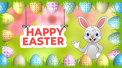 happy Easter and rabbit cartoon in decorated Easter egg frame illustration