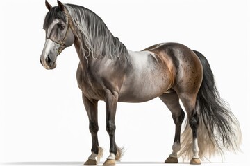 Obraz na płótnie Canvas Mixed Spanish and Arabian horse, 8 years old, standing in front of a white background in a portrait. Generative AI