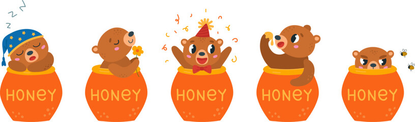 Funny bear in honey jar. Tiny bears different poses in clay pot. Woodland wild cartoon animal sleep, eating and happy, classy vector mascot character