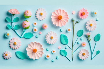 Top-Down View Of Fresh Spring Flowers On Pastel Blue Background, Flat Lay Creative Illustration Concept Of Fresh Field Spring Flowers On Pastel Blue Background, Generative Ai