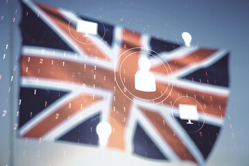 Double exposure of social network icons hologram on flag of Great Britain and blue sky background. Networking concept - obrazy, fototapety, plakaty