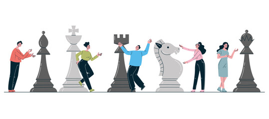 Strategy chess team game tactics concept. Vector graphic design illustration