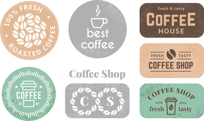 Obraz premium Coffee shop, cafe grunge labels. Messy textured stickers, decorative packing elements with cup, beans and text samples. Banners vector templates