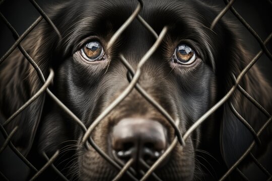 Sad animal eyes up close. A picture of a pet. Cute dog was left behind bars. The hungry pet wants food. A shelter has a lonely dog who is waiting to be adopted. Animal mistreatment. Generative AI