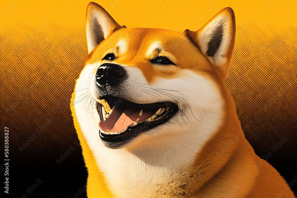 Sticker Shiba inu dog happy on yellow. Dogecoin. A picture of a Japanese dog with red hair smiling. Putting color, cryptocurrency, and electronic money in the spotlight. Generative AI