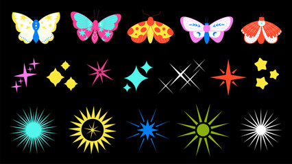 Neon butterfly and stars. Sun rays, star shining on black background. Abstract graphic elements, celestial symbols and magic butterflies vector set