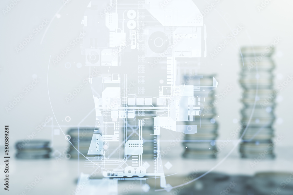 Poster double exposure of creative artificial intelligence hologram on growing stacks of coins background. 