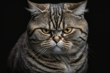 Naklejka na ściany i meble Grumpy British tabby cat on a black background. Generative AI