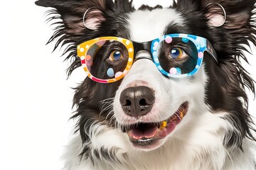 Happy Birthday idea for a party. Funny cute puppy dog border collie wearing birthday silly eyeglasses on white background. Pet dog on Birthday day. Generative AI