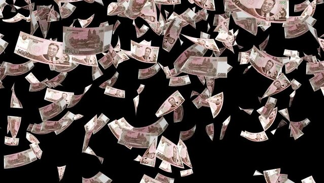 Money rain. KPW North Korean Won banknotes falling down. Currency of North Korea
