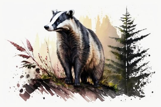 Hand drawn picture of a badger. Painting with watercolors. Wild animal in the woods. Predator in a black and white forest in Europe. One cute European badger on a white background. Generative AI