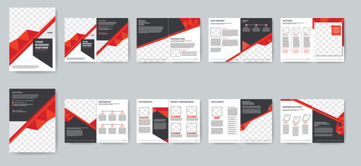 Red business brochure template layout design, 16 page corporate brochure editable template layout, minimal business brochure template design.