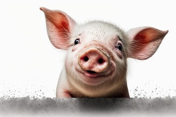 Young pig with a smile on a white background. Funny animals emotions. Generative AI