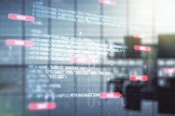 Abstract virtual coding concept on a modern conference room background. Multiexposure