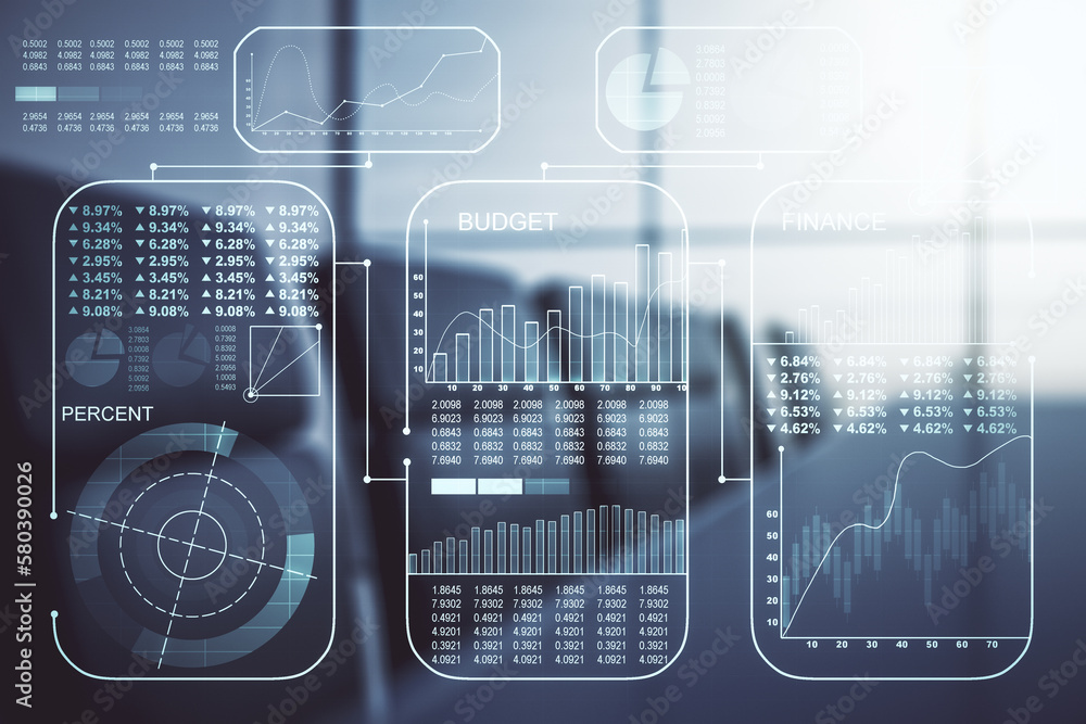 Poster multi exposure of stats data illustration on a modern conference room background, computing and anal
